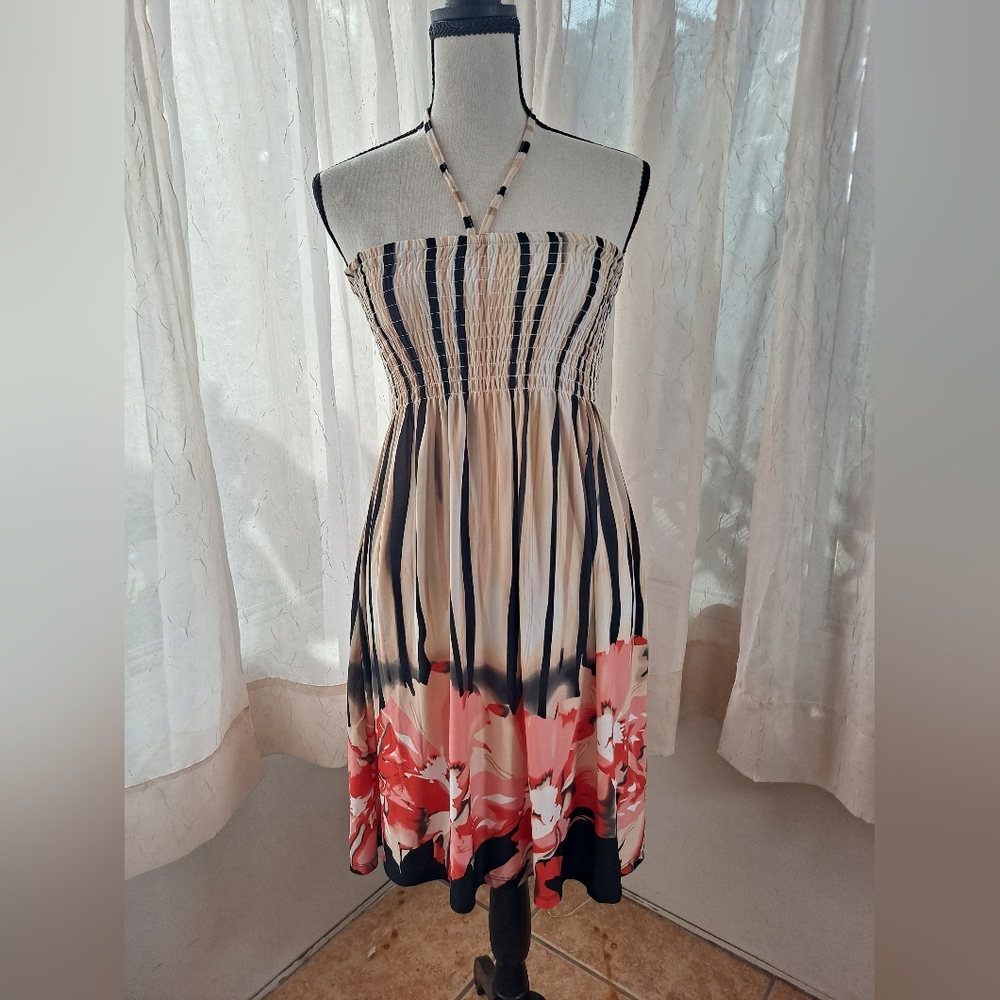 Floral Halter Dress - Black and Pink. Size Large, never worn.